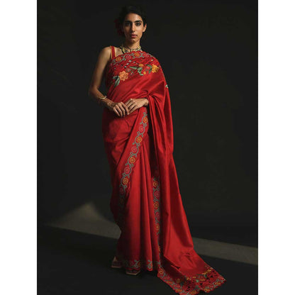 CHANDRIMA Red Chanderi Cutwork And Thread Work Saree without Blouse