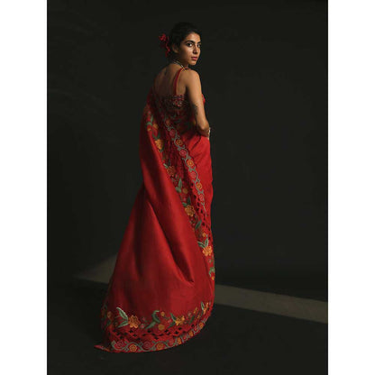 CHANDRIMA Red Chanderi Cutwork And Thread Work Saree without Blouse
