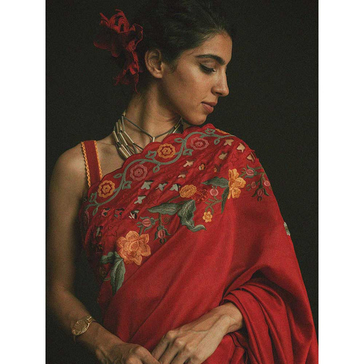 CHANDRIMA Red Chanderi Cutwork And Thread Work Saree without Blouse