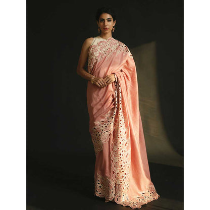 CHANDRIMA Pink Chanderi Cutwork Scallop Saree without Blouse