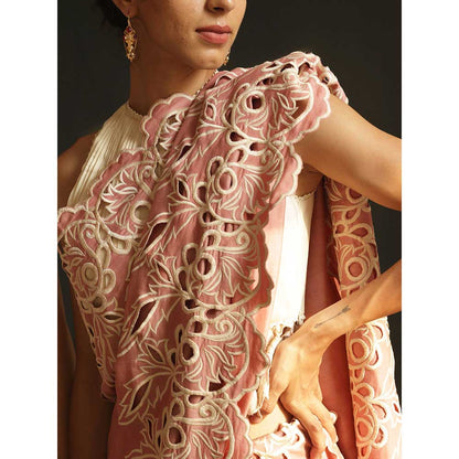 CHANDRIMA Pink Chanderi Cutwork Scallop Saree without Blouse