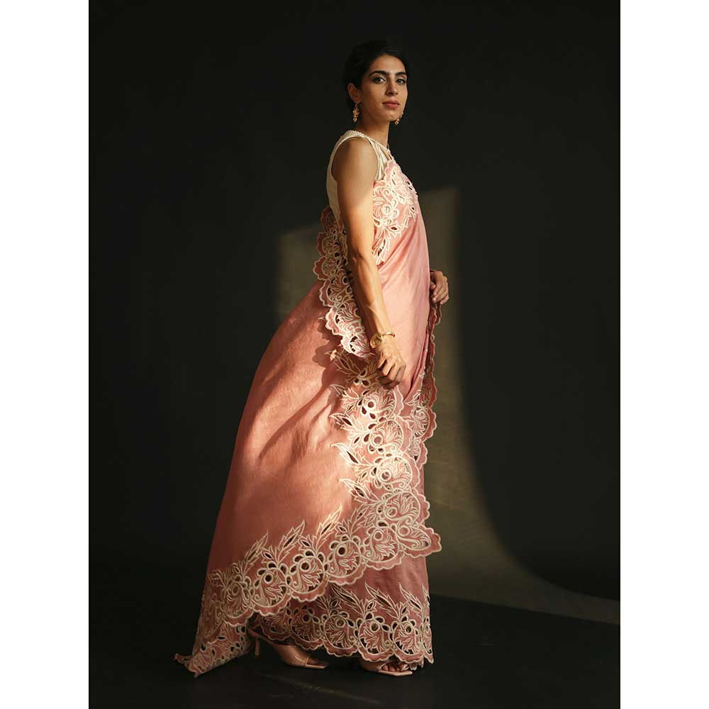 CHANDRIMA Pink Chanderi Cutwork Scallop Saree without Blouse