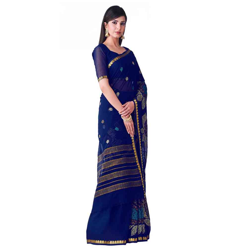 Mimosa Chiffon Blue Saree With Blouse Piece