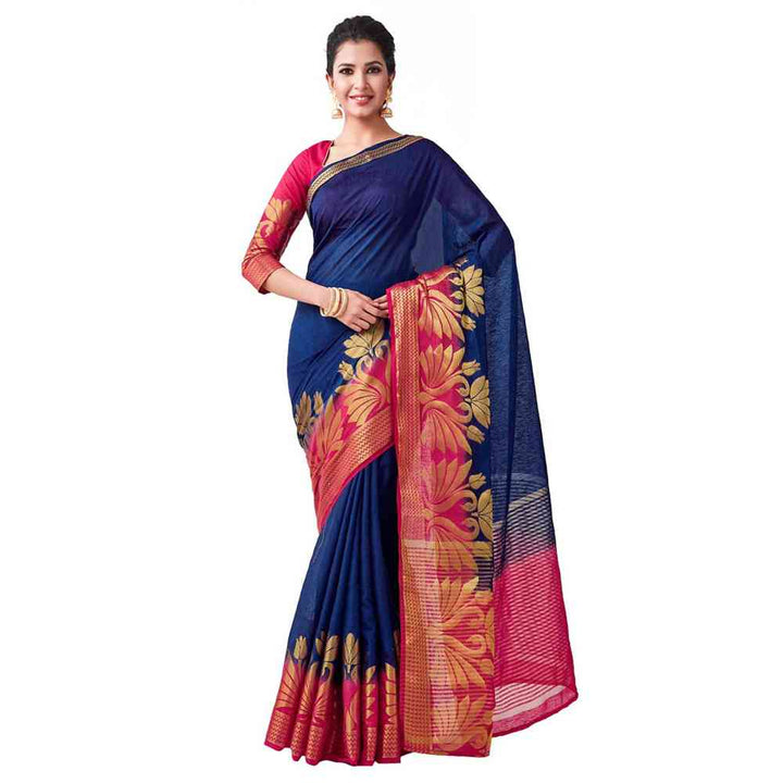 Mimosa Linen Navy blue Saree With Blouse Piece