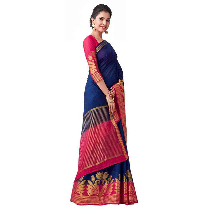 Mimosa Linen Navy blue Saree With Blouse Piece