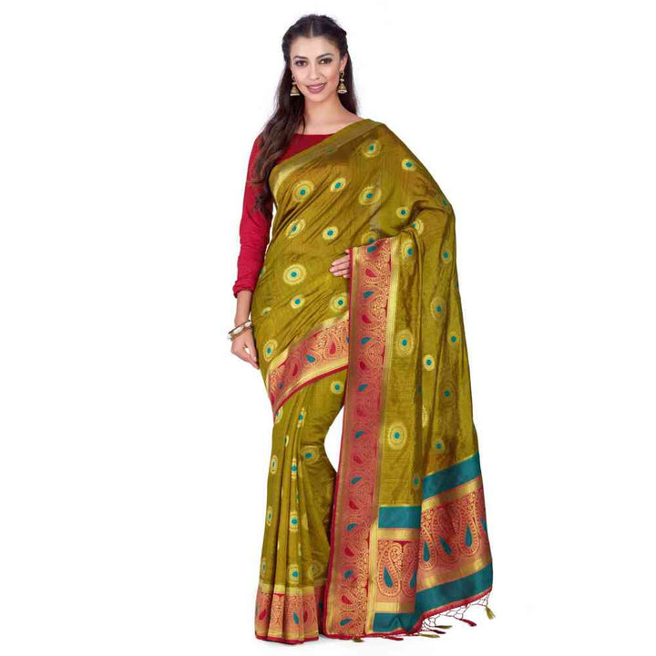 Mimosa Silk Olive Saree With Blouse Piece