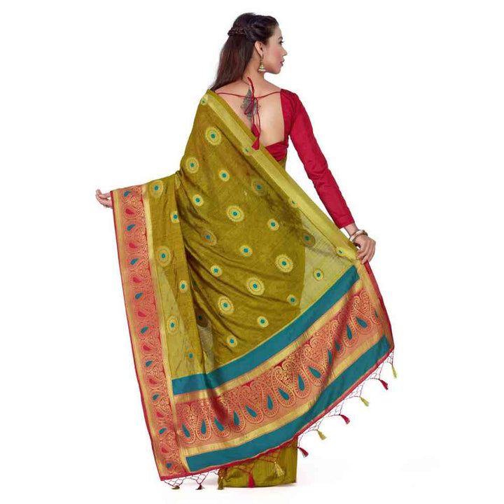 Mimosa Silk Olive Saree With Blouse Piece