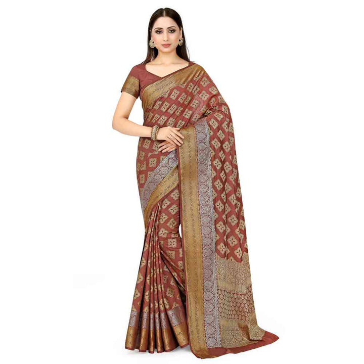 Mimosa Brown Kanjivaram Style Art Silk Saree With Unstitched Blouse