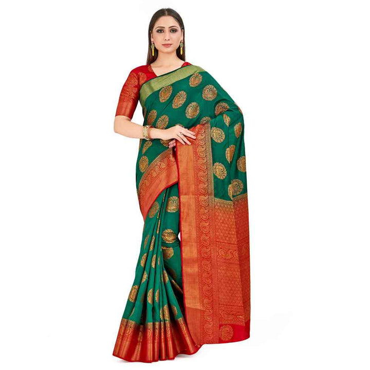 Mimosa Teal Kanjivaram Style Art Silk Saree With Unstitched Blouse