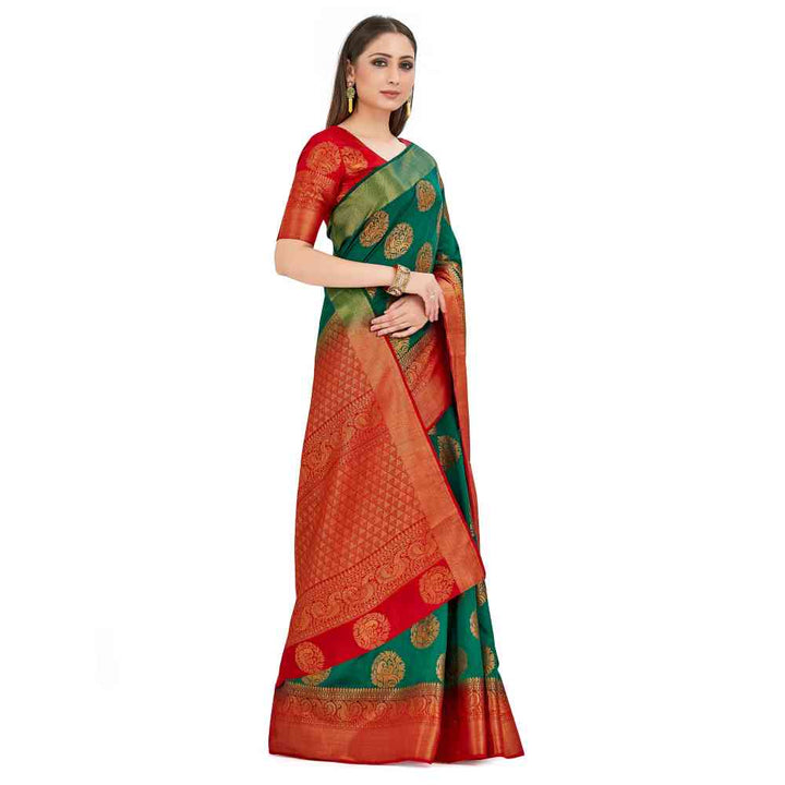 Mimosa Teal Kanjivaram Style Art Silk Saree With Unstitched Blouse