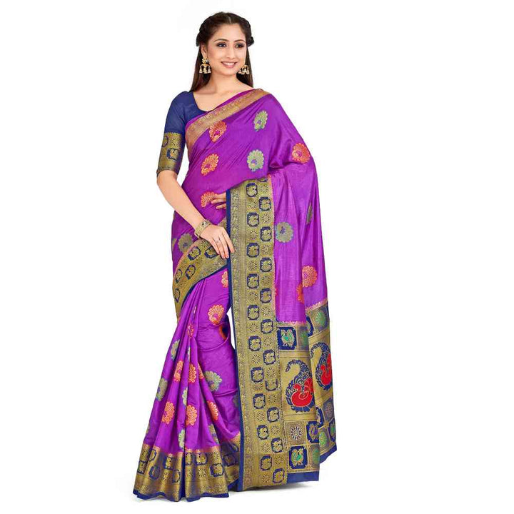 Mimosa Purple Kanjivaram Style Art Silk Saree With Unstitched Blouse