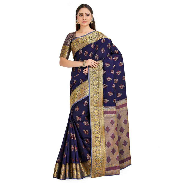 Mimosa Navy Blue Paithani Style Art Silk Saree With Unstitched Blouse