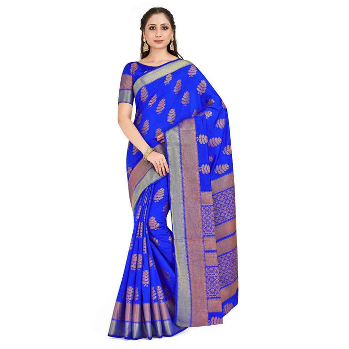 Mimosa Blue Banarasi Style Art Silk Saree With Unstitched Blouse