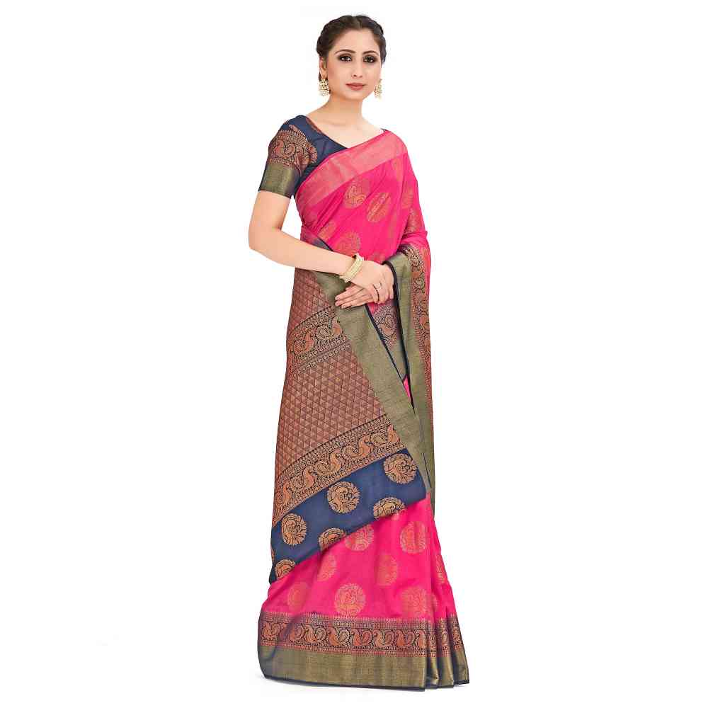 Mimosa Pink Kanjivaram Style Art Silk Saree With Unstitched Blouse