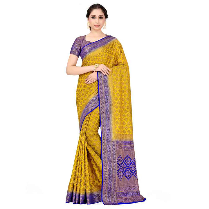 Mimosa Yellow Patola Style Art Silk Saree With Unstitched Blouse