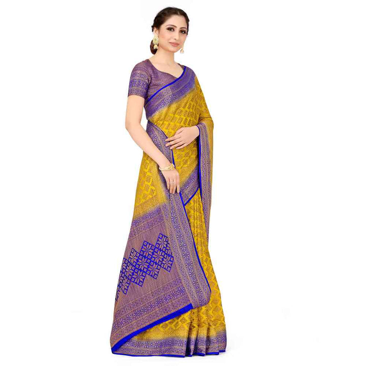 Mimosa Yellow Patola Style Art Silk Saree With Unstitched Blouse