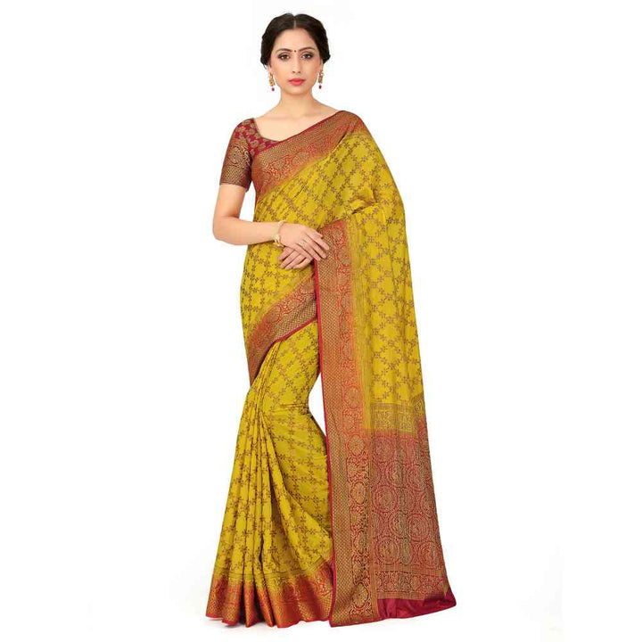 Mimosa Yellow Patola Style Art Silk Saree With Unstitched Blouse