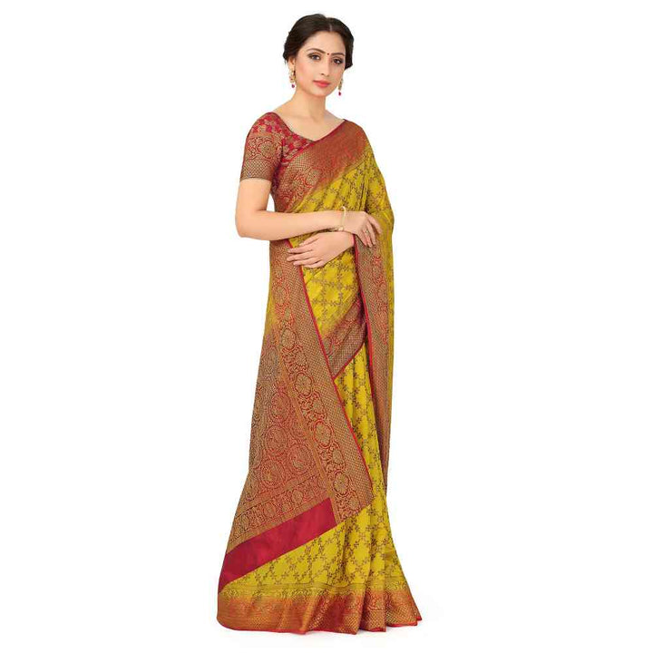 Mimosa Yellow Patola Style Art Silk Saree With Unstitched Blouse