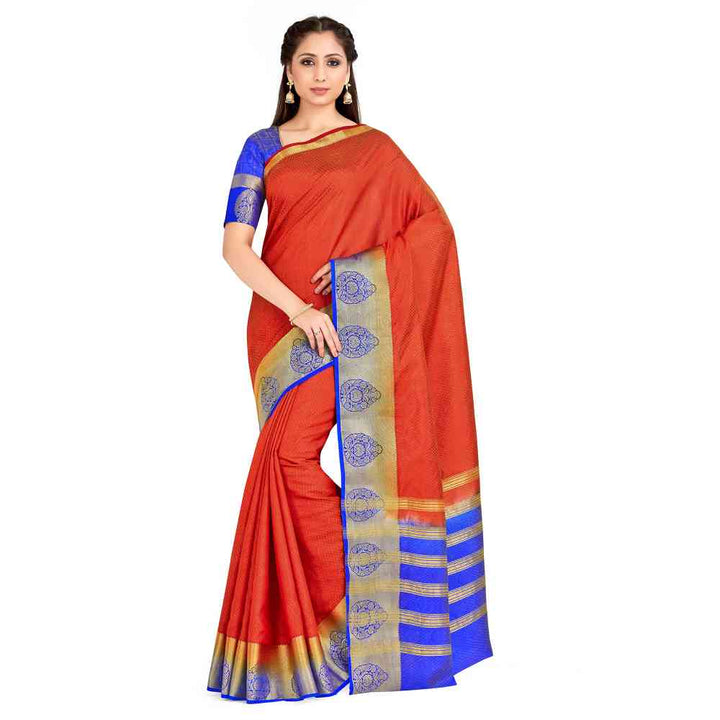 Mimosa Orange Kanjivaram Style Art Silk Saree With Unstitched Blouse