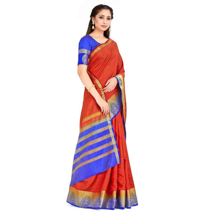 Mimosa Orange Kanjivaram Style Art Silk Saree With Unstitched Blouse