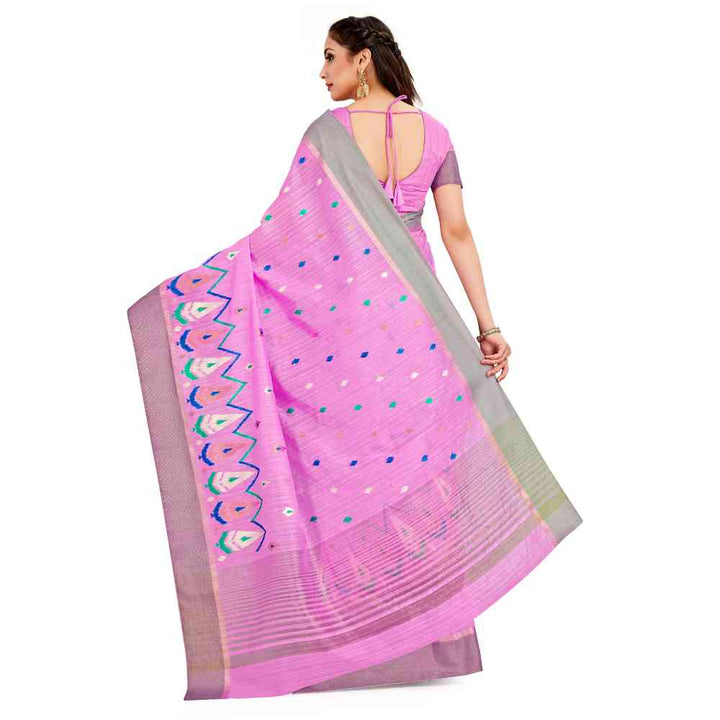 Mimosa Pink Kanjivaram Style Raw Silk Saree With Unstitched Blouse