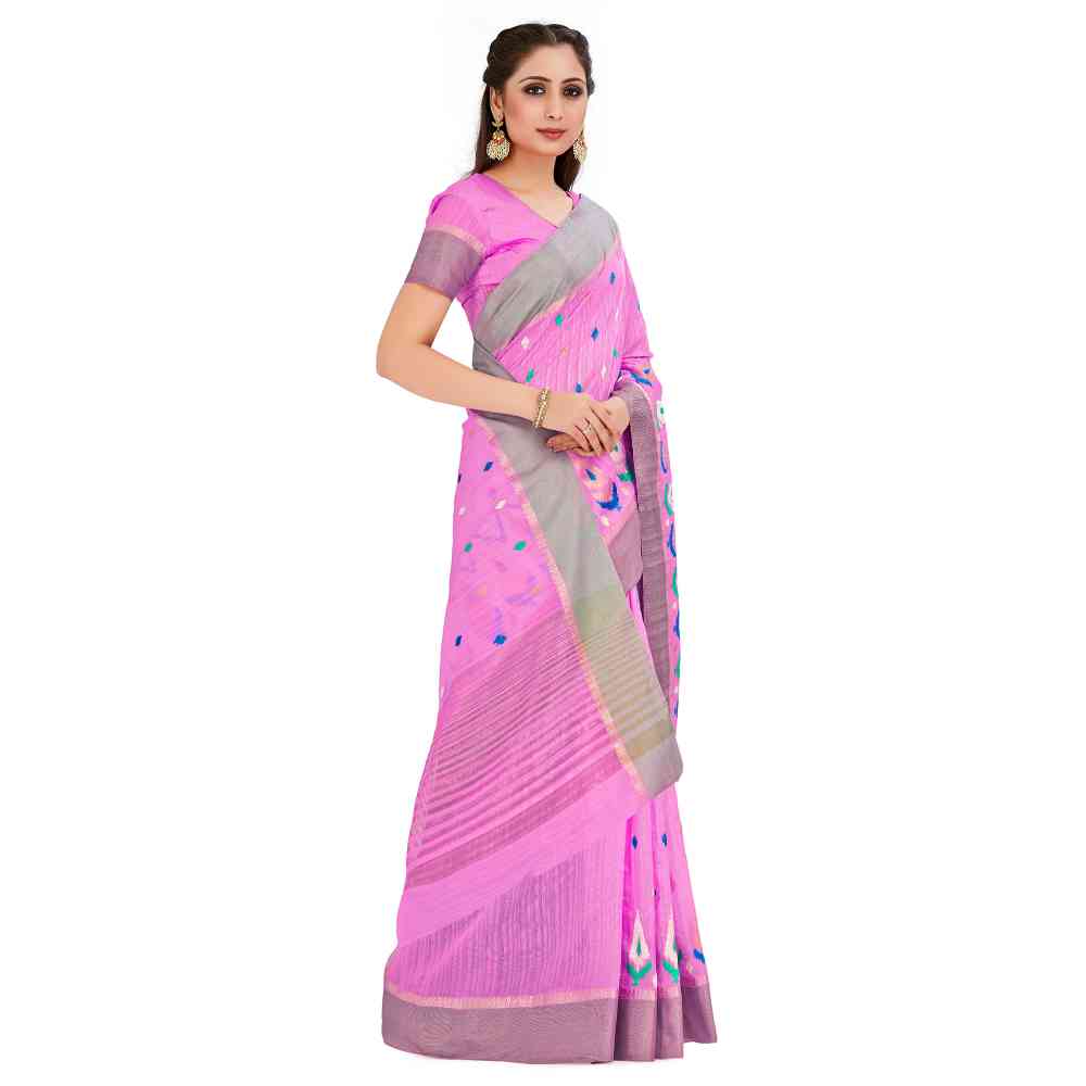 Mimosa Pink Kanjivaram Style Raw Silk Saree With Unstitched Blouse