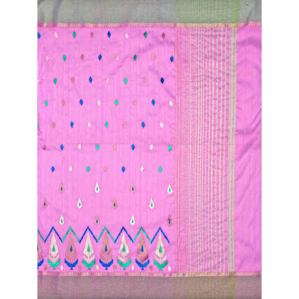 Mimosa Pink Kanjivaram Style Raw Silk Saree With Unstitched Blouse