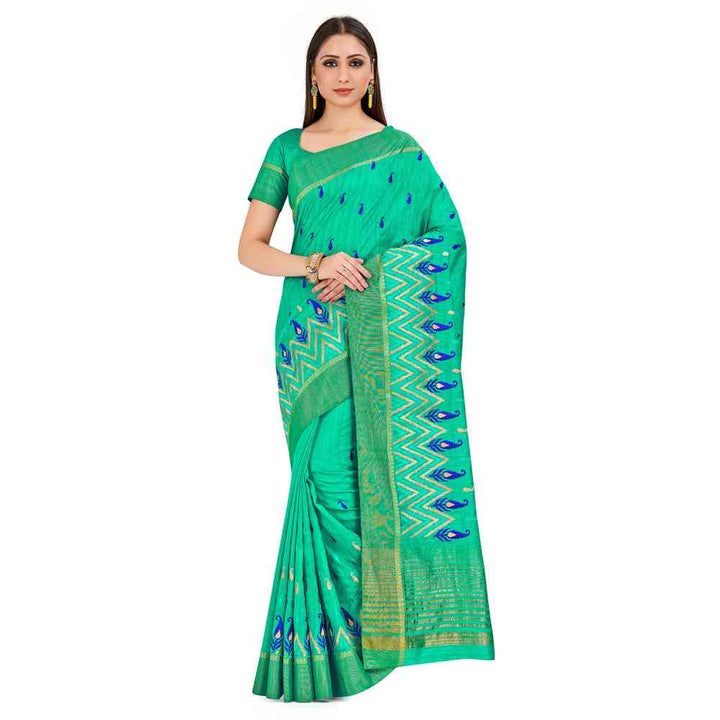 Mimosa Green Kanjivaram Style Raw Silk Saree With Unstitched Blouse