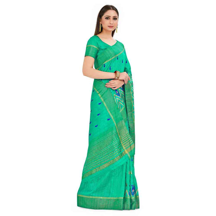 Mimosa Green Kanjivaram Style Raw Silk Saree With Unstitched Blouse