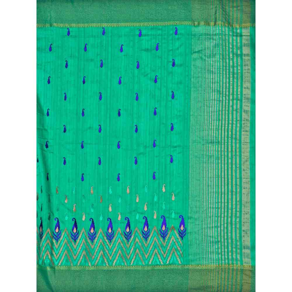 Mimosa Green Kanjivaram Style Raw Silk Saree With Unstitched Blouse