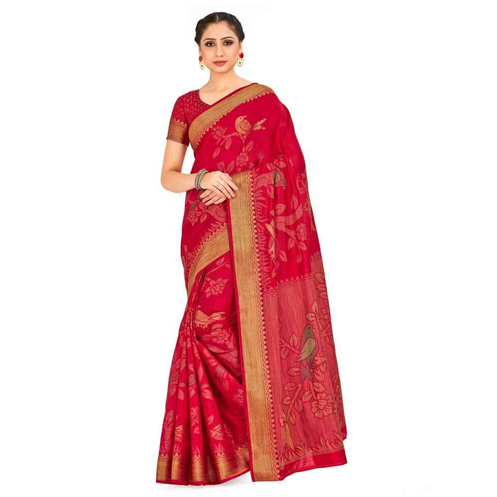 Mimosa Red Kanjivaram Style Art Silk Saree With Unstitched Blouse