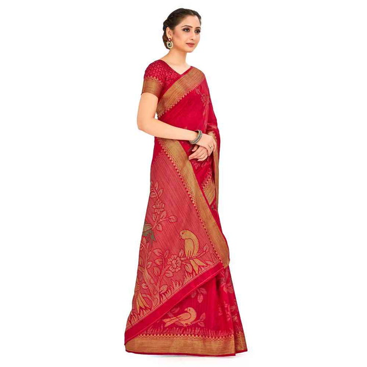 Mimosa Red Kanjivaram Style Art Silk Saree With Unstitched Blouse