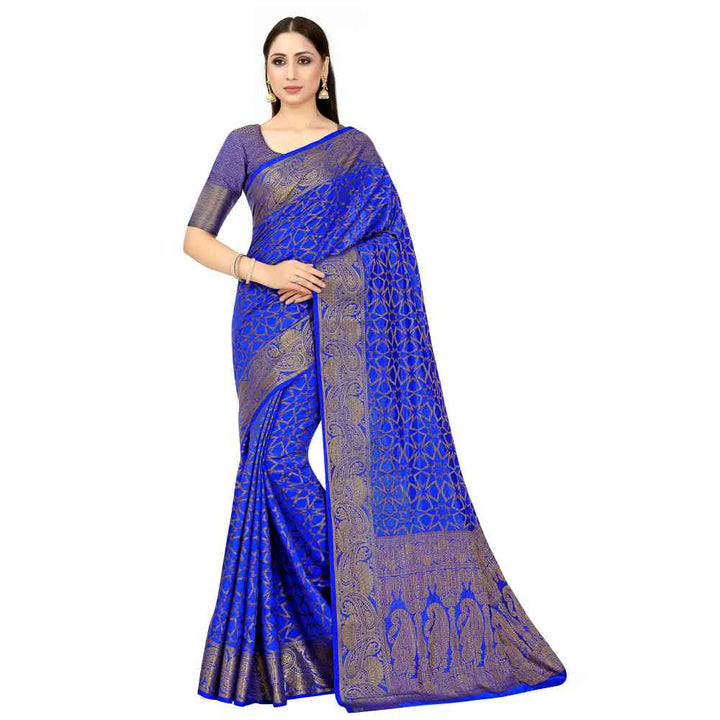 Mimosa Navy Blue Patola Style Art Silk Saree With Unstitched Blouse