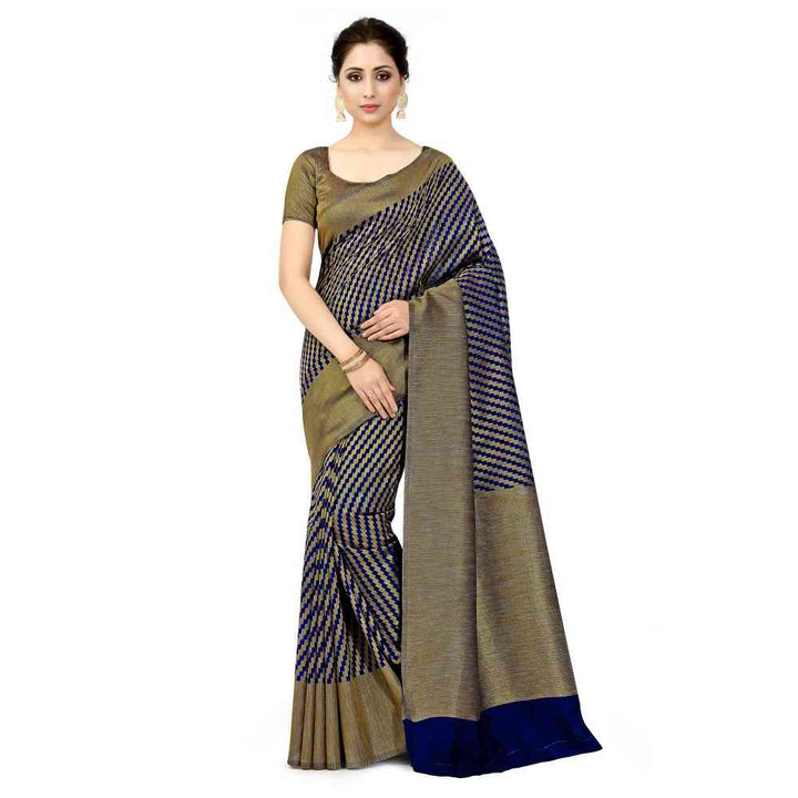 Mimosa Navy Blue Patola Style Art Silk Saree With Unstitched Blouse