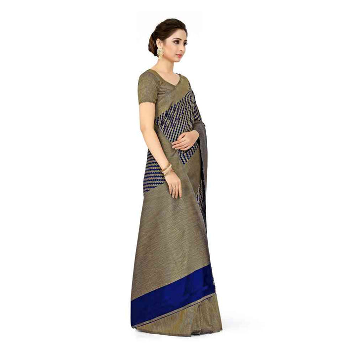 Mimosa Navy Blue Patola Style Art Silk Saree With Unstitched Blouse