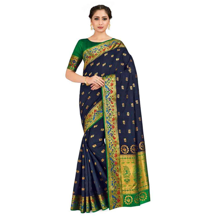 Mimosa Navy Blue Paithani Style Art Silk Saree With Unstitched Blouse