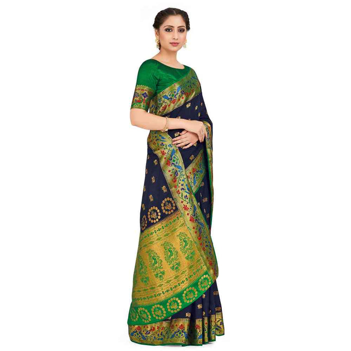 Mimosa Navy Blue Paithani Style Art Silk Saree With Unstitched Blouse