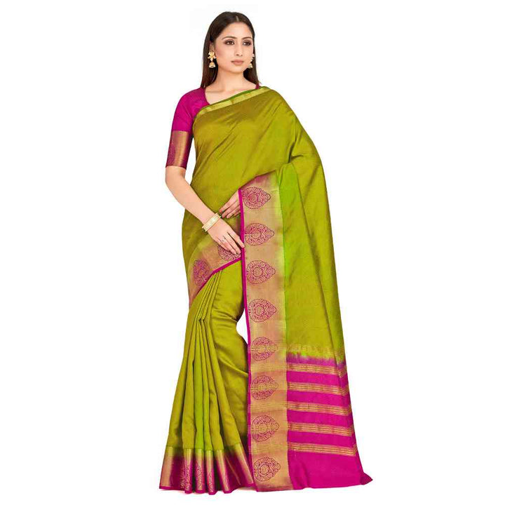 Mimosa Olive Kanjivaram Style Art Silk Saree With Unstitched Blouse