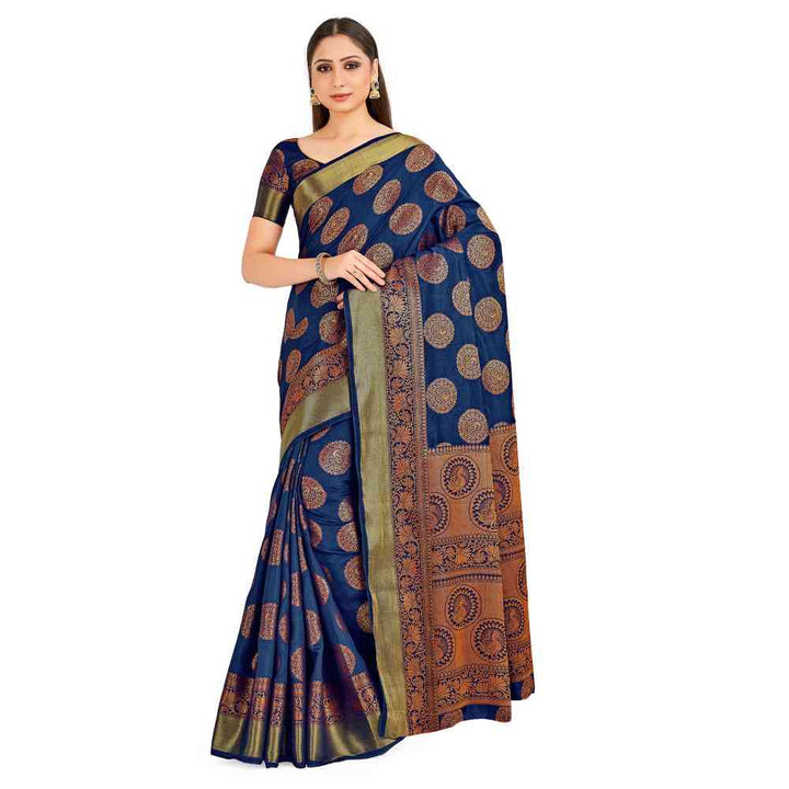 Mimosa Navy Blue Kanjivaram Style Art Silk Saree With Unstitched Blouse