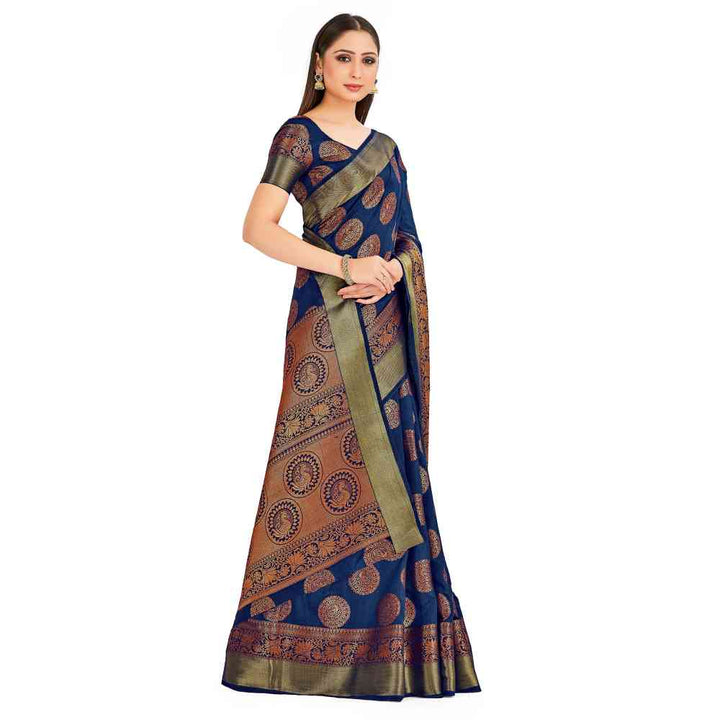 Mimosa Navy Blue Kanjivaram Style Art Silk Saree With Unstitched Blouse