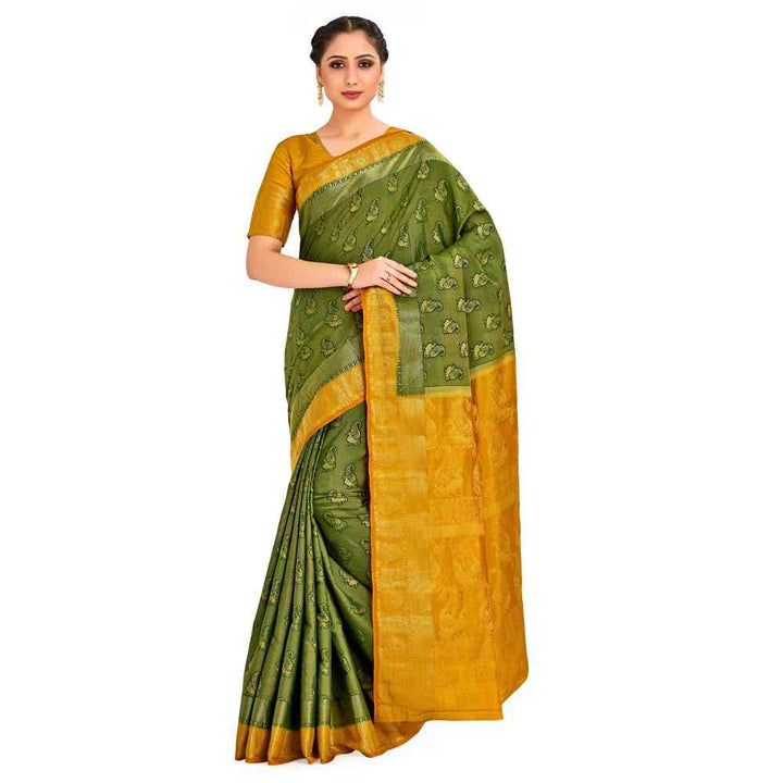 Mimosa Olive Kanjivaram Style Art Silk Saree With Unstitched Blouse