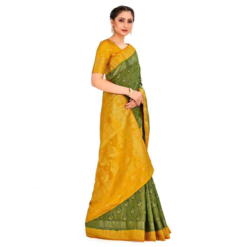 Mimosa Olive Kanjivaram Style Art Silk Saree With Unstitched Blouse