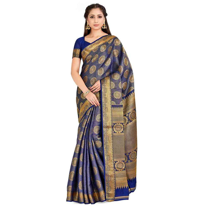 Mimosa Navy Blue Kanjivaram Style Art Silk Saree With Unstitched Blouse