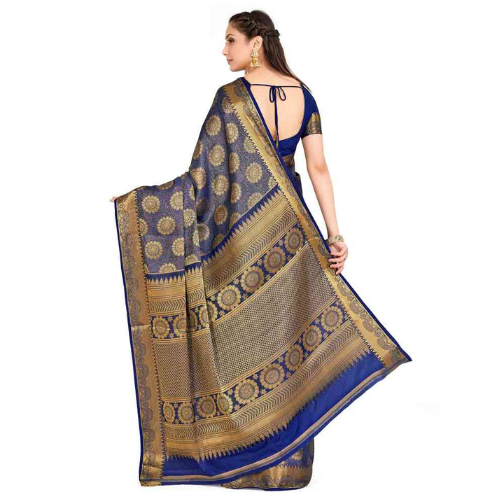 Mimosa Navy Blue Kanjivaram Style Art Silk Saree With Unstitched Blouse