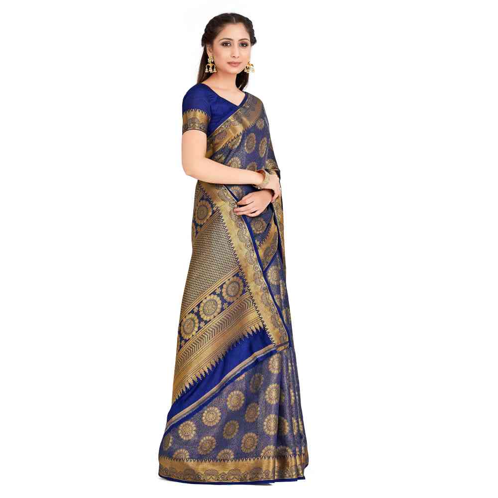 Mimosa Navy Blue Kanjivaram Style Art Silk Saree With Unstitched Blouse