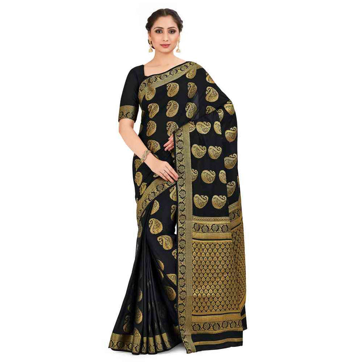 Mimosa Black Mysore Silk Style Crepe Saree With Unstitched Blouse