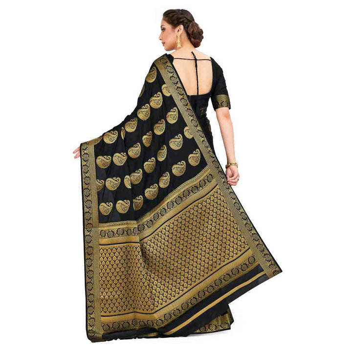 Mimosa Black Mysore Silk Style Crepe Saree With Unstitched Blouse