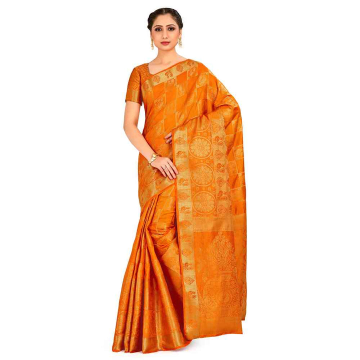 Mimosa Orange Kanjivaram Style Art Silk Saree With Unstitched Blouse