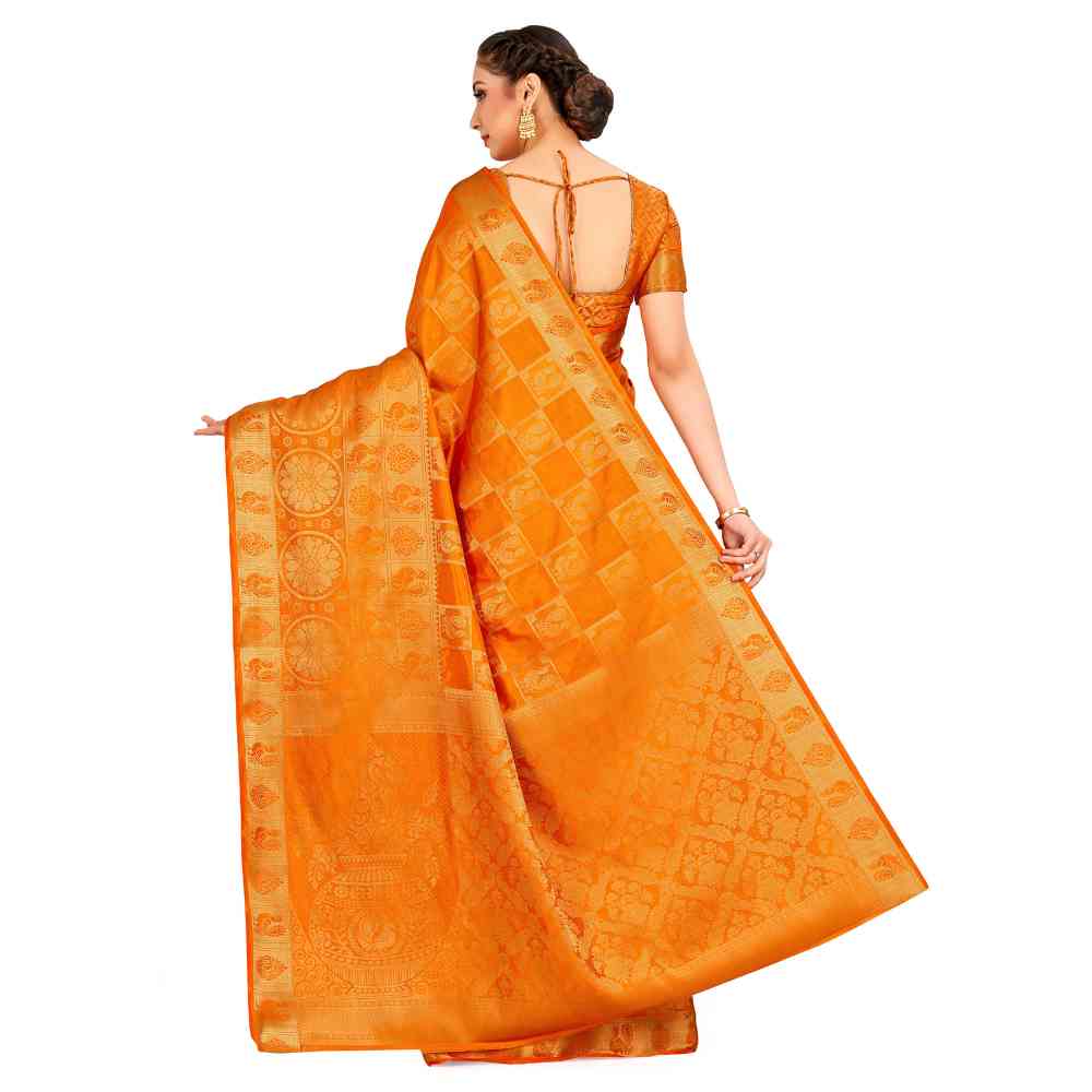 Mimosa Orange Kanjivaram Style Art Silk Saree With Unstitched Blouse