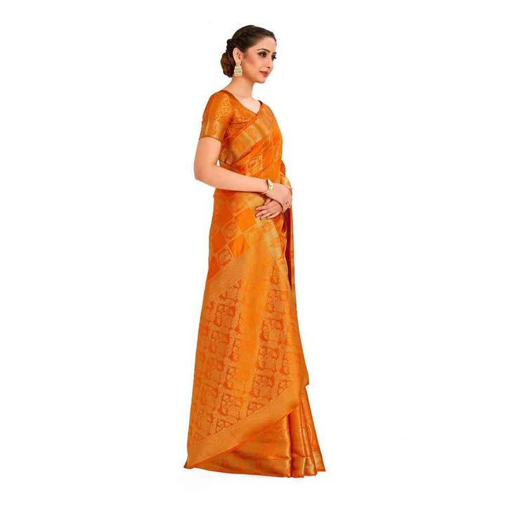 Mimosa Orange Kanjivaram Style Art Silk Saree With Unstitched Blouse